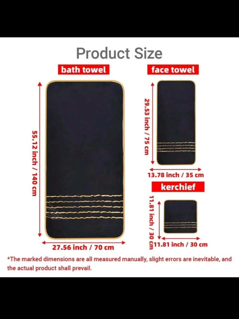 Black Towel Set with Gold Trim - 8 Pieces